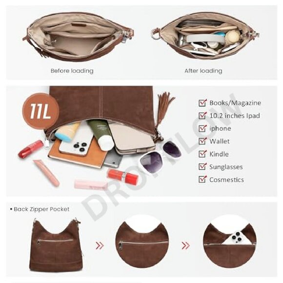 Genuine Leather Hobo Crossbody Bag Soft Slouchy Bucket Purse Two Straps - Picture 5 of 8